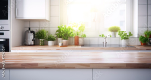 Blur selective focus of Wood table top counter bar with window and fresh garden in morning.contemporary background