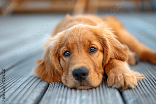 a dog lying on a wood surface