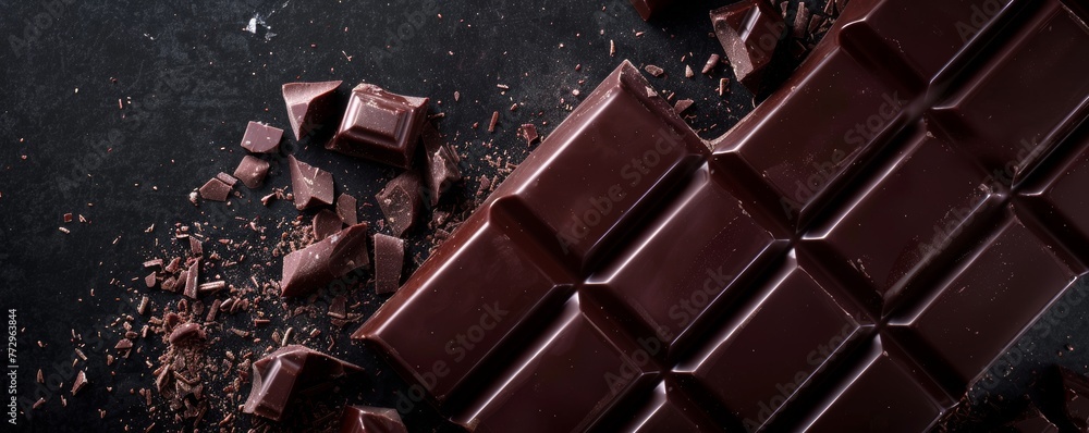 Dark chocolate bar with broken pieces