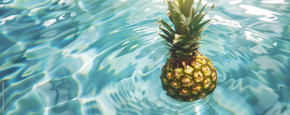 Pineapple floating in clear blue water Pineapple floating in clear blue water