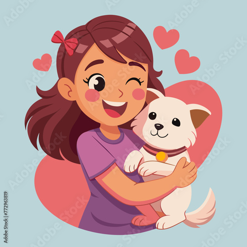 Illustrate a heartwarming scene of a girl wearing an adorable t-shirt, affectionately carrying her loyal pappy dog, creating a delightful sticker that radiates love and companionship