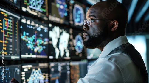 A cybersecurity expert analyzing digital threats in a network security operation center. photo