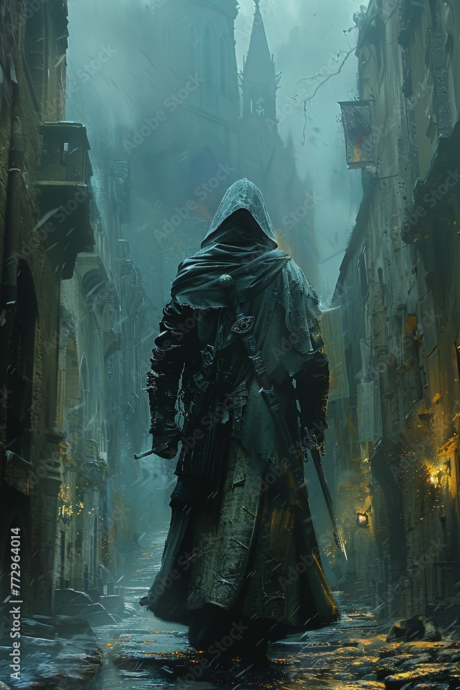 An Assassin silently eliminating a Sorcerer in a shadowy alley An Assassin silently eliminating a Sorcerer in a shadowy alley