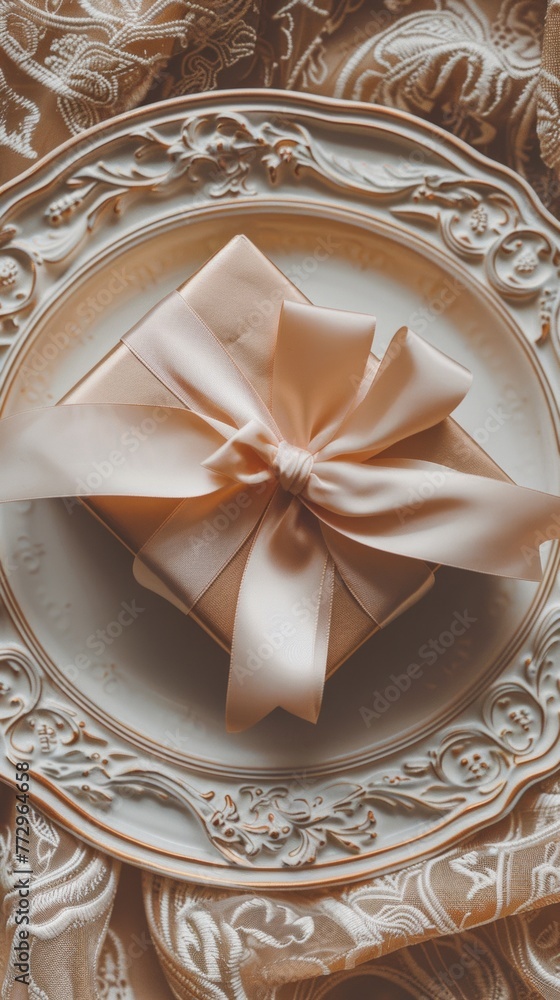 Elegant gift box on ornate plate Elegant gift box on ornate plate