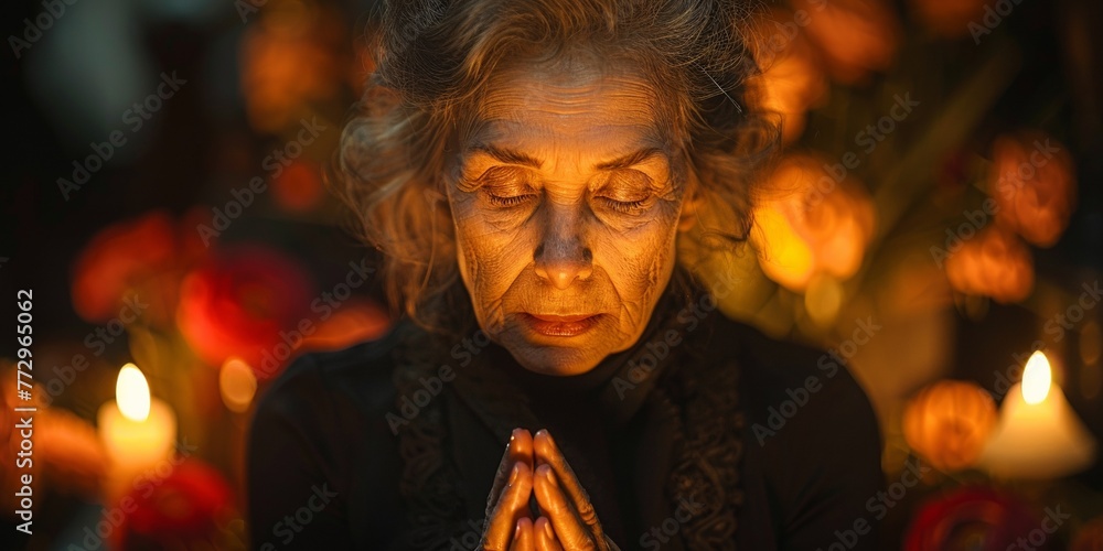 An elderly woman, calm and serene, prays beside candles and flowers outdoors, portraying mourning.