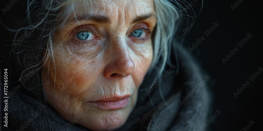 A grieving senior woman in somber attire, tears streaming down her face, reflecting on sorrow. A grieving senior woman in somber attire, tears streaming down her face, reflecting on sorrow.