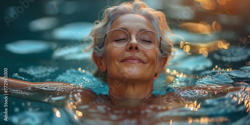 A cheerful elderly woman enjoys leisure time in the swimming pool, radiating contentment.
