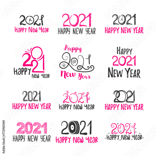 Big set of 2021 Happy New Year logo text design in hand drawn style. Design concept for Chinese New Year holiday card  banner  poster  decor element. Winter Christmas holiday symbol. Vector