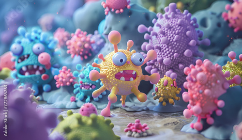 Bacteria, microbes,  germs and viruses  cartoon characters. photo