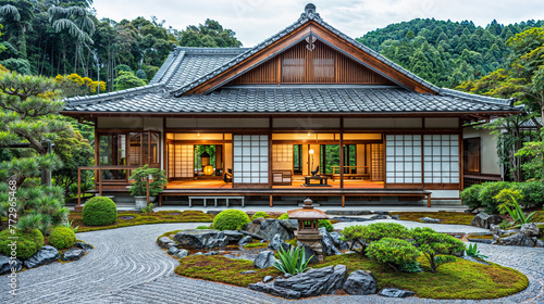 Front view of a traditional japanese zen house with garden