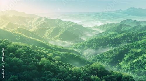 A serene mountain landscape with lush greenery and a hint of fog, perfect for a summer evening hike. Generative AI