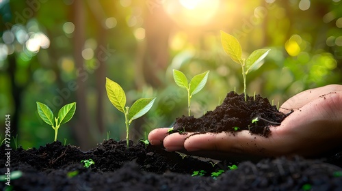 Wallpaper Mural Sustainable Growth Concept with Hands Holding Soil and Green Seedlings in Sunlight. Environmental Conservation. Gardening Process. AI Torontodigital.ca