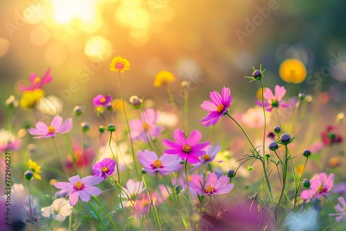 Blooming Beauty A Sunny Afternoon in a Field of Pink and Purple Flowers Generative AI