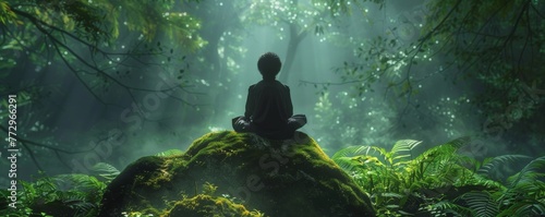 Person meditating in a tranquil forest scene photo