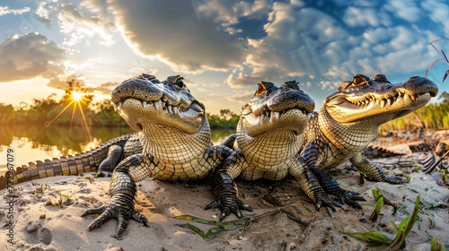A group of crocodiles basking on a sandy beach, soaking up the sun and blending into their surroundings