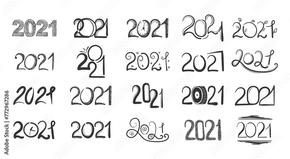 Big set of 2021 Happy New Year logo text design in hand drawn style. Design concept for Chinese New Year holiday card, banner, poster, decor element. Winter Christmas holiday symbol