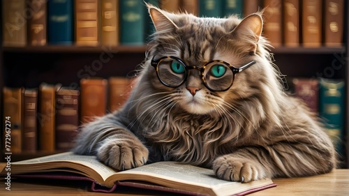 Academic Cat Reading Book - Perceptive Cat in Glasses - Educated Cat in Library - Knowledgable Pet - photo