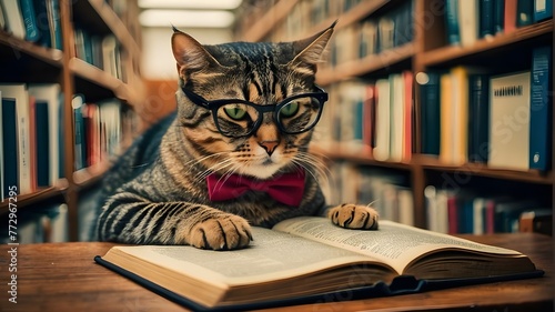 Academic Cat Reading Book - Perceptive Cat in Glasses - Educated Cat in Library - Knowledgable Pet - photo
