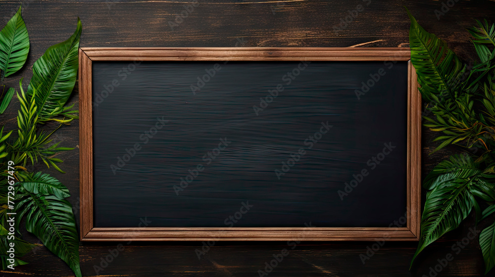 Wooden blackboard surrounded by tropical leaves