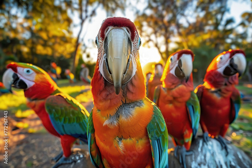 A group of vibrant parrots standing closely next to each other in a lively display of colorful feathers © Anoo