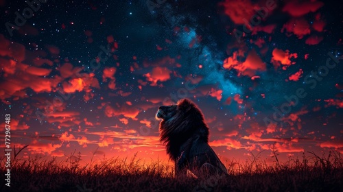 Lion under a starry night sky