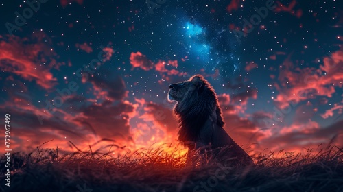 Lion gazing at the stars with sunset and clouds in the background