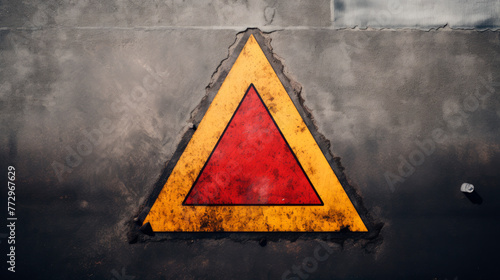 Triangle shape on worn wall and road warning sign on asphalt