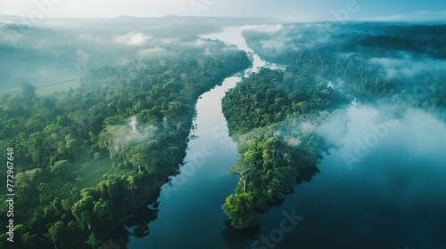 River in Rainforest Landscape from Drone View. Green Jungle Scene of Nature and Water Stream - Aerial View of Beautiful Amazon Environment 