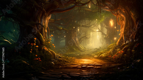 A mysterious woodland path leading to radiant illumination