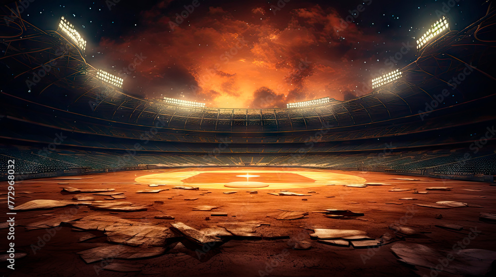 Baseball stadium cluttered with debris and a large field - obrazy, fototapety, plakaty 