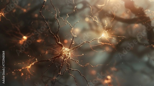Digital art of a complex neuronal network with shimmering synapses, representing neural activity or AI concept.