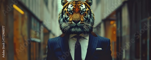 Surreal portrait of a man with a tiger's head in a suit