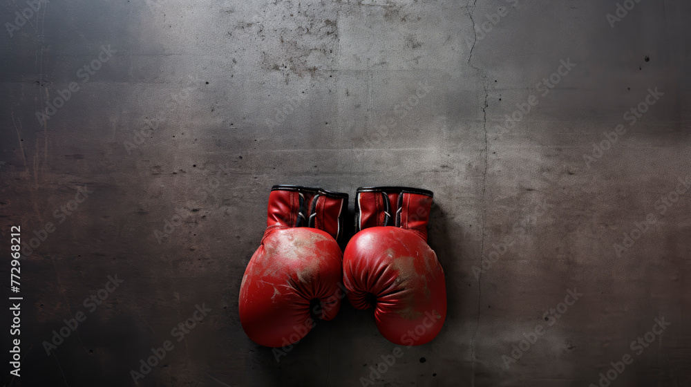 Pair of red boxing gloves hanging on a wall in a room