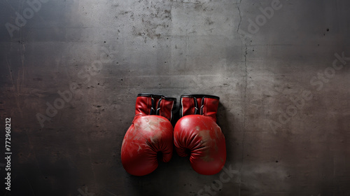 Pair of red boxing gloves hanging on a wall in a room