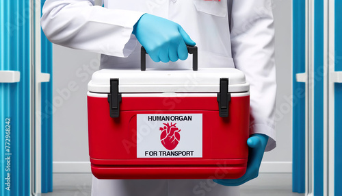 Doctor carrying a cooler box for organ transport doctor ensures swift and safe organ transport using specialized cooler box, optimizing life-saving medical procedures