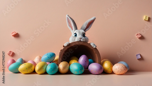 Happy easter bunny in easter meadow with eggs and copy space © Shihab_Shahriar