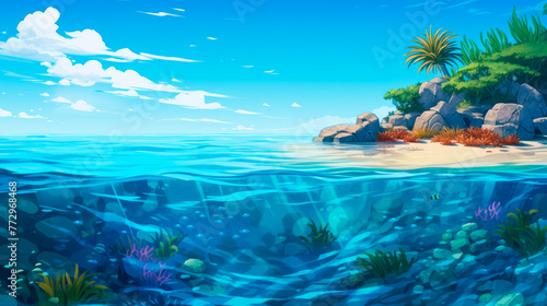 Cartoon underwater scene with rocks and plant life