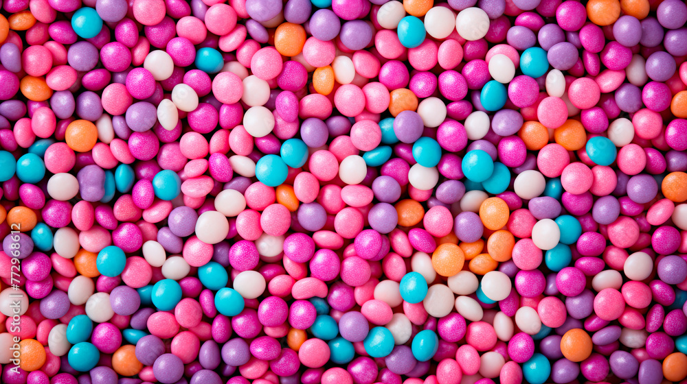 A pile of assorted candies coated in white and pink A pile of assorted candies coated in white and pink