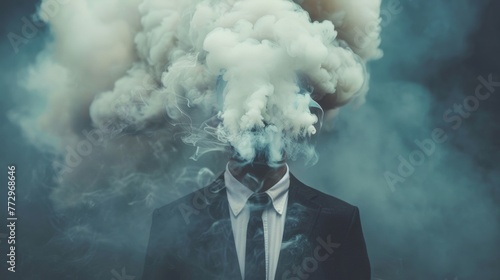 Man with smoke obscuring his head in a mysterious portrait