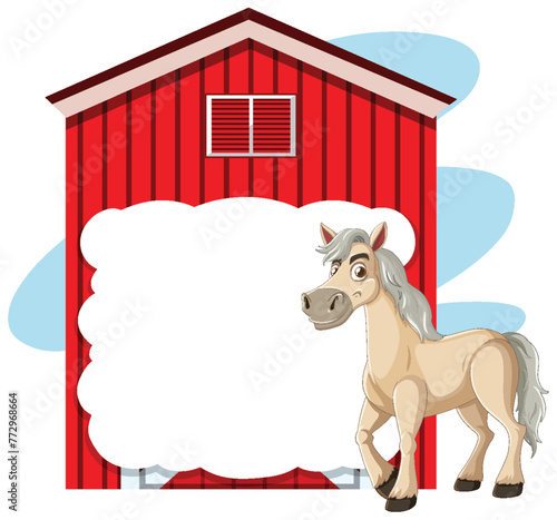 Cartoon horse standing next to a red barn