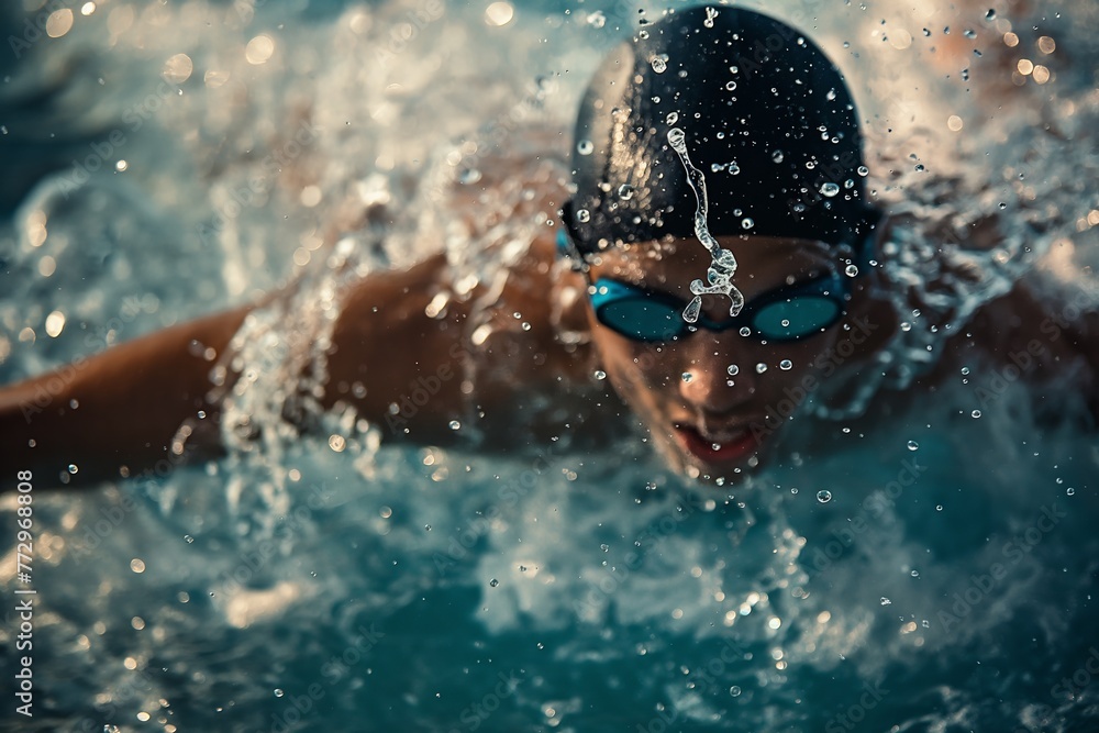 Close-up of a swimmer mid-stroke, water droplets frozen in motion, conveying speed and focus.