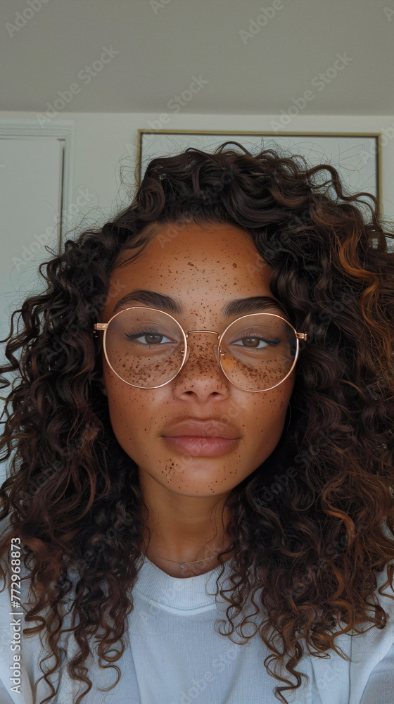 Obraz premium Portrait of a girl with glasses and freckles and curly hair