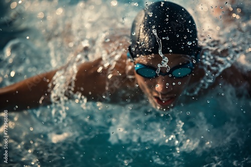 Close-up of a swimmer mid-stroke, water droplets frozen in motion, conveying speed and focus.