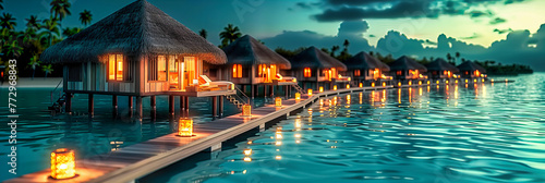 Paradise Found: A Sunset View of Overwater Bungalows, Capturing the Essence of Tropical Luxury and Oceanic Serenity