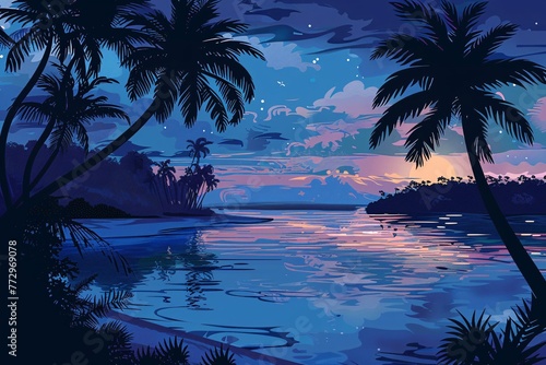 a water body with palm trees and a sunset © Elena