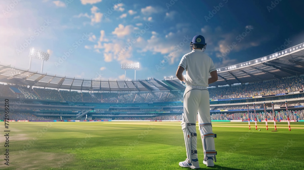 Baseball Player in White Uniform, Standing on Grass Field, Looking Up at the Sky Generative AI