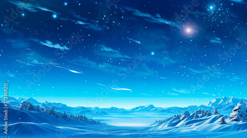 Snowy mountain landscape under star-filled sky