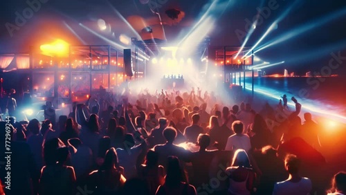 Video of an open-air beach club concert, featuring a DJ and people enjoying music, with the crowd in a defocused, lively atmosphere photo