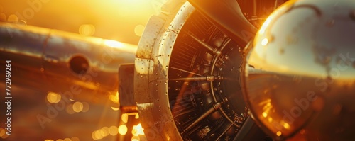 Close-up of a vintage airplane engine at sunset photo