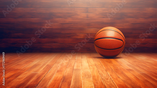 A basketball ball on a wooden floor with a spotlight © StockKing
